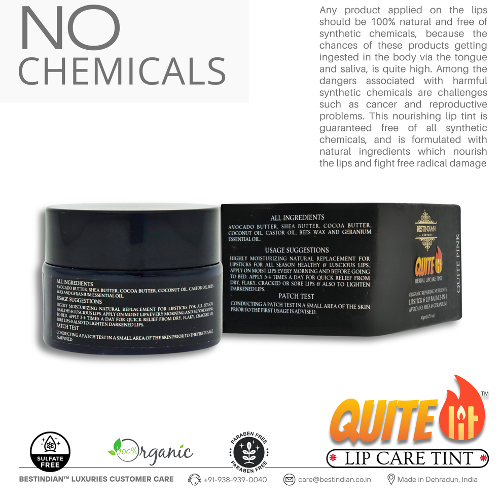 A product display of QuiteLit™ Lip Tint by BestIndian featuring jar and box with detailed ingredient transparency, emphasizing its chemical-free, sulfate-free, organic, and paraben-free formulation for safe, natural lip care with guaranteed purity and no synthetic additives.