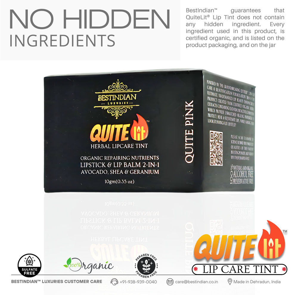 QuiteLit™ Lip Tint box by BestIndian displayed with full ingredient transparency guarantee, showcasing sulfate-free, 100% organic, and paraben-free certifications with complete ingredient disclosure on packaging for trustworthy, chemical-free natural lip tint and moisturizing care.