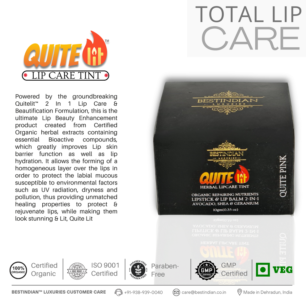 A close-up of QuiteLit™ Lip Tint jar by BestIndian, emphasizing total lip care with its groundbreaking 2-in-1 lip care and beautification formulation, featuring certified organic herbal extracts for ultimate lip enhancement, UV protection, and long-lasting natural tint.