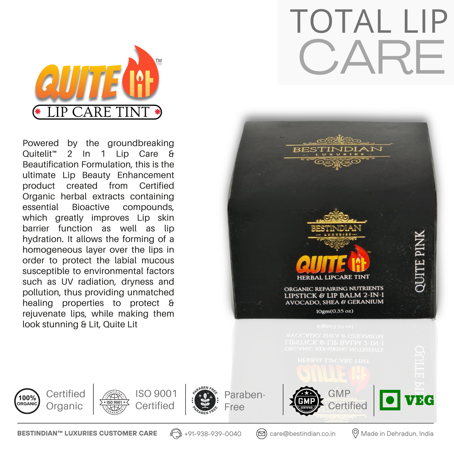 A close-up of QuiteLit™ Lip Tint jar by BestIndian, emphasizing total lip care with its groundbreaking 2-in-1 lip care and beautification formulation, featuring certified organic herbal extracts for ultimate lip enhancement, UV protection, and long-lasting natural tint.