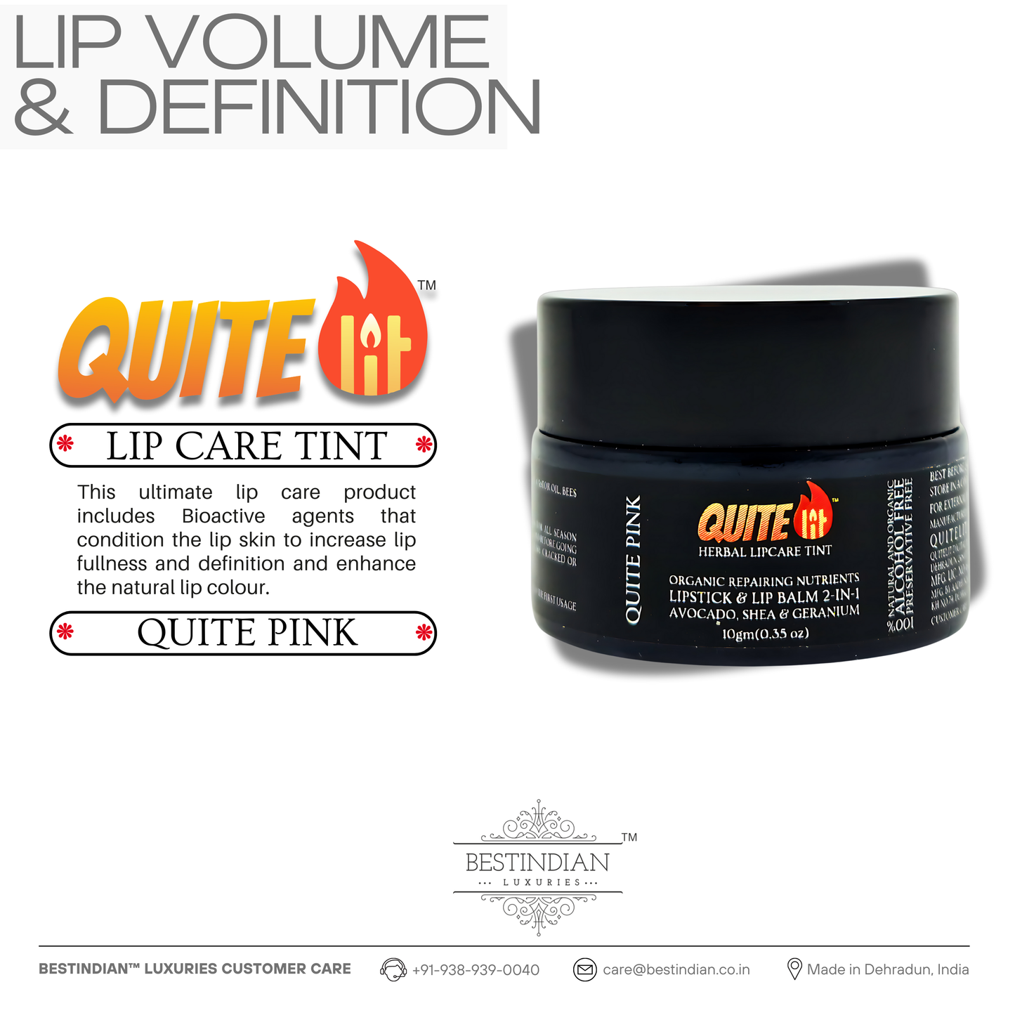 A product shot of QuiteLit™ Lip Tint by BestIndian highlighting its lip volume and definition benefits, featuring bioactive agents that enhance natural lip fullness and color with the signature "Quite Pink" shade for plumper, more defined lips.