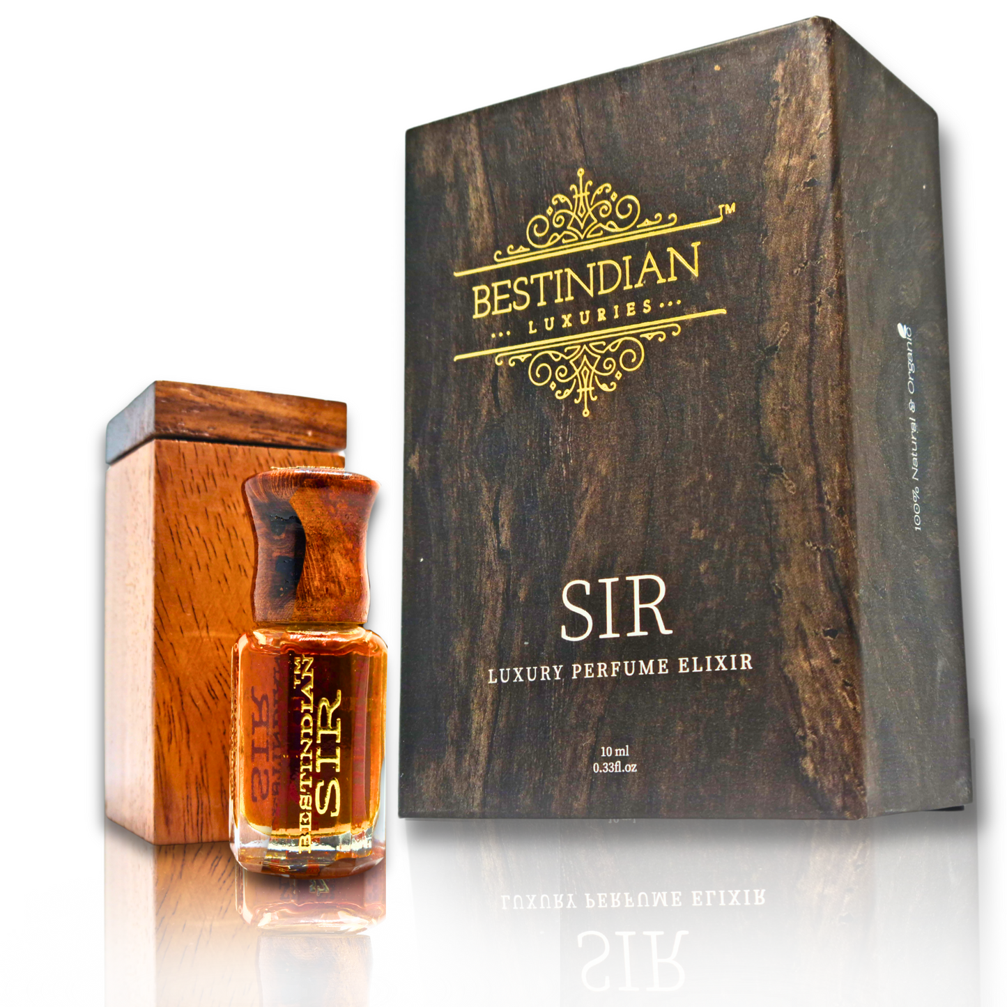 Complete packaging set for BestIndian™ Sir: Luxury perfume oil elixir vial, inner wooden case, and outer wooden-themed box. Attar for men. Alcohol-free fragrance for men.