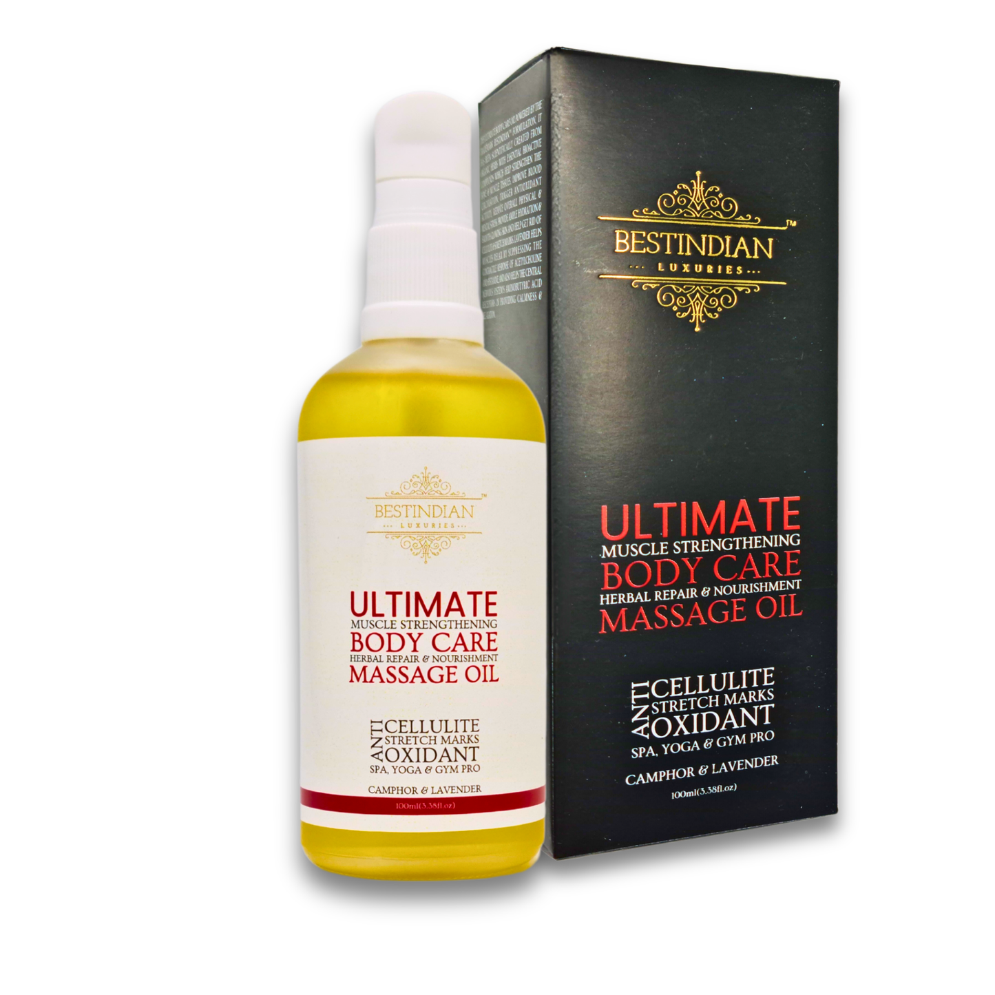 A front-facing image of BestIndian™ Ultimate Body Care Massage Oil bottle standing next to its premium black box, showcasing its golden herbal blend, anti-cellulite and muscle strengthening benefits as a certified organic and GMP luxury body oil.