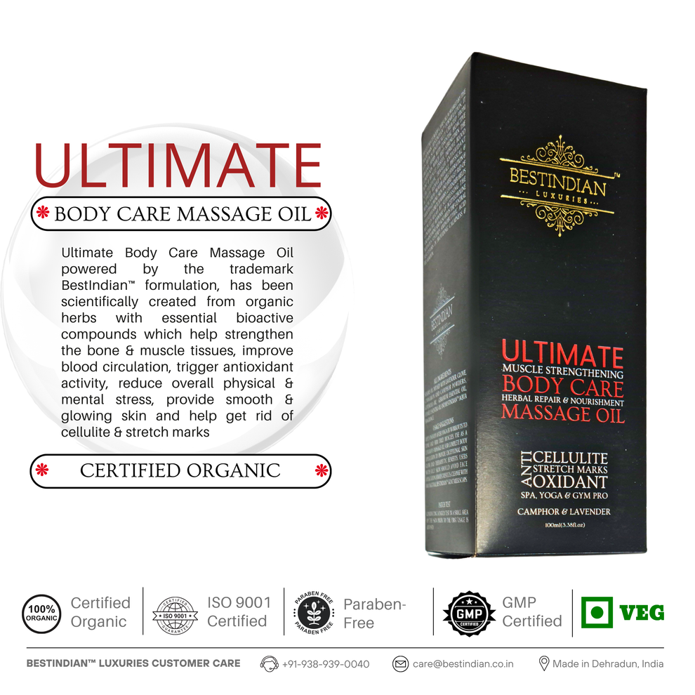 A product shot of BestIndian™ Ultimate Body Care Massage Oil with its certified organic packaging, emphasizing its paraben-free, luxury herbal blend for improving blood circulation, repairing skin’s protective barrier, cellulite and stretch mark reduction, and overall muscle support.