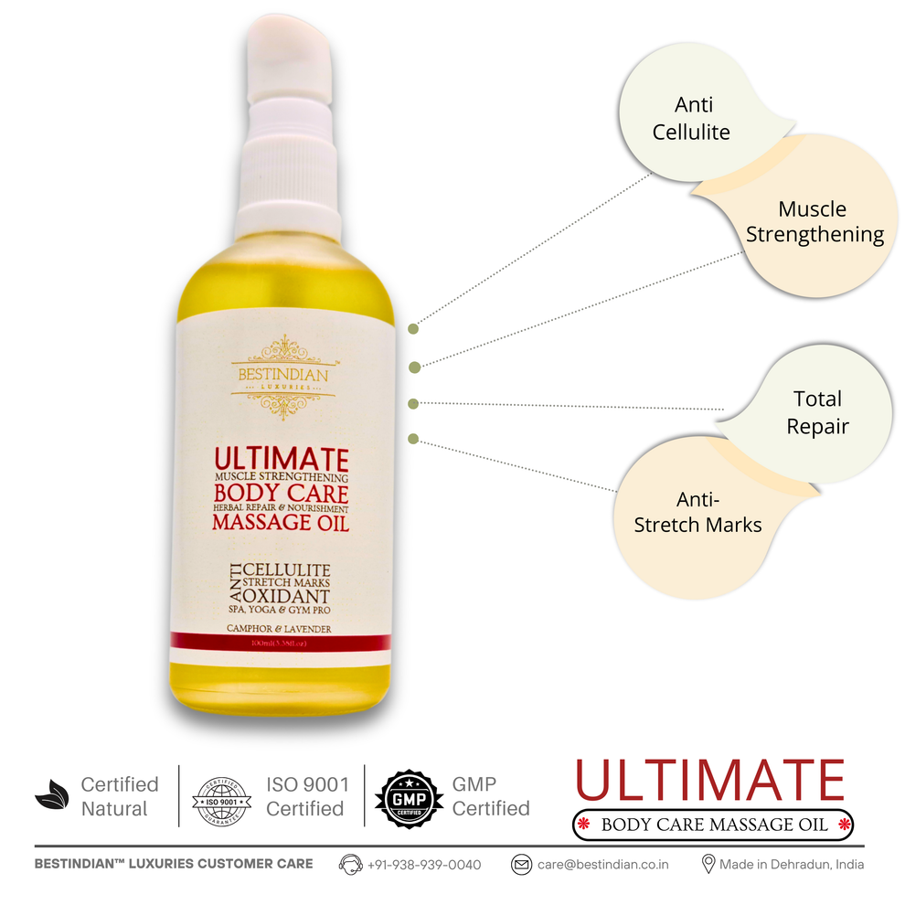 A front-facing shot of BestIndian™ Ultimate Body Care Massage Oil bottle, visually connecting to its benefits of anti-cellulite, muscle strengthening, total repair, and stretch mark reduction, highlighting its natural, certified formula for luxury wellness and professional body care.