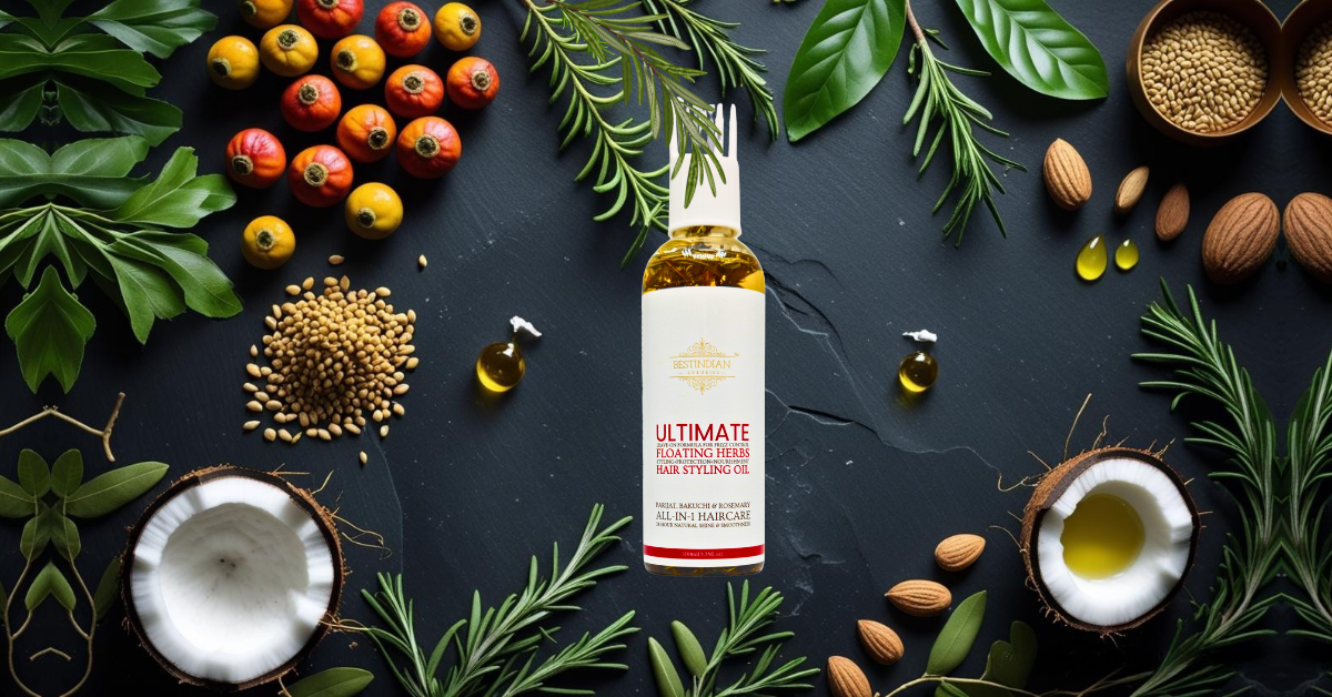 Featured image for a guide to best Indian hair oil ingredients, showcasing a luxurious flat lay of Amla, Bhringraj, Rosemary, Fenugreek, and other natural botanicals.