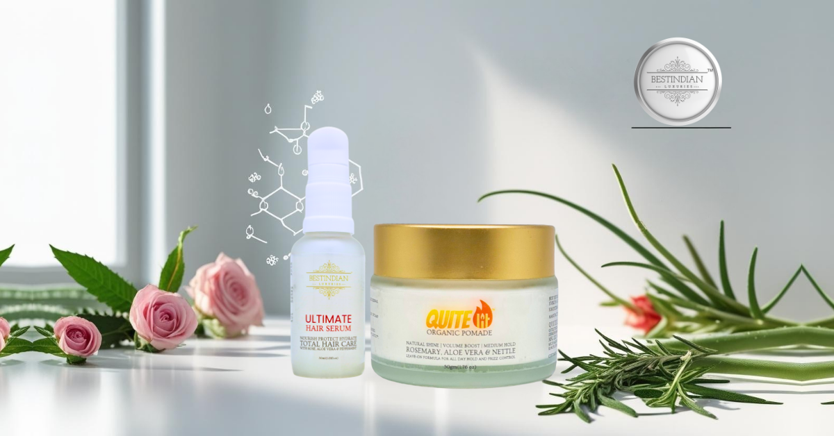 Featured image for a guide on choosing the best natural hair styling products for Indian hair, showing QuiteLit Pomade and Ultimate hair serum by BestIndian