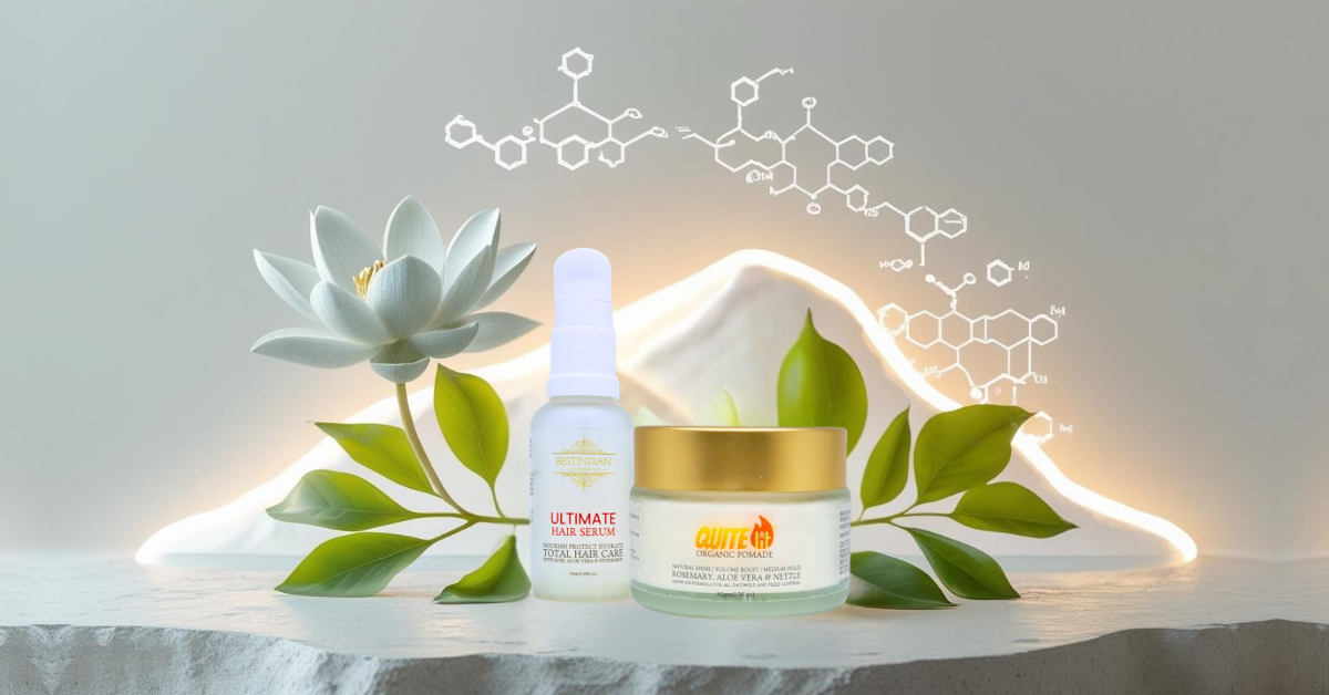 Featured image symbolizing the BestIndian™ styling philosophy, showing its Serum and Pomade with elements of nature, science, purity, and ancient wisdom.