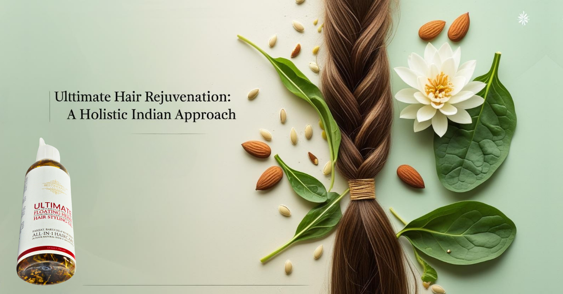 Featured image for a guide on holistic Indian hair rejuvenation, showing hair intertwined with symbols of healthy diet, yoga, and Ayurvedic herbs.