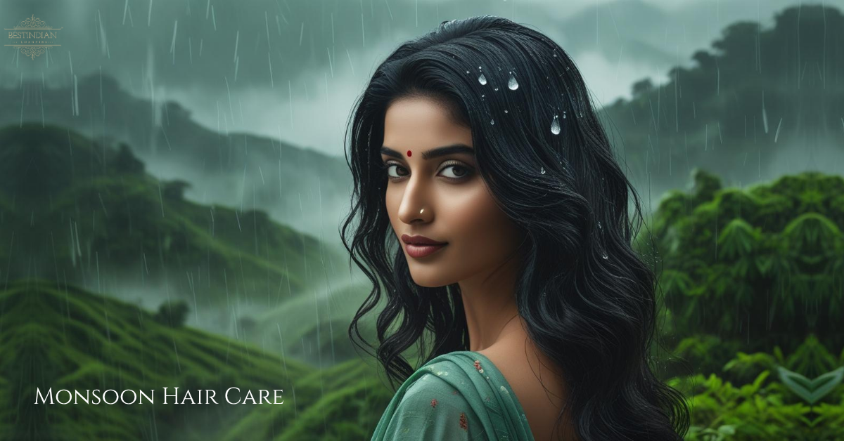 Featured image for a guide on monsoon hair care in India, showing healthy, resilient hair against a backdrop of a lush, rainy landscape.