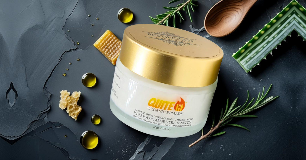 Featured image for a guide to natural hair pomades in India, showcasing pomade with key ingredients like beeswax, rosemary, and aloe vera.
