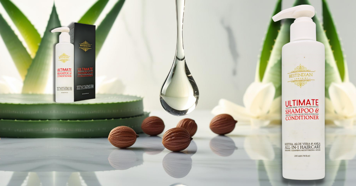 Featured image for 'Sulfate-Free Shampoos in India' guide: BestIndian™ Ultimate Shampoo & Conditioner bottle and packaging with Aloe Vera, Reetha nuts, and a pure water droplet, symbolizing natural, gentle, and luxurious sulfate-free hair care.