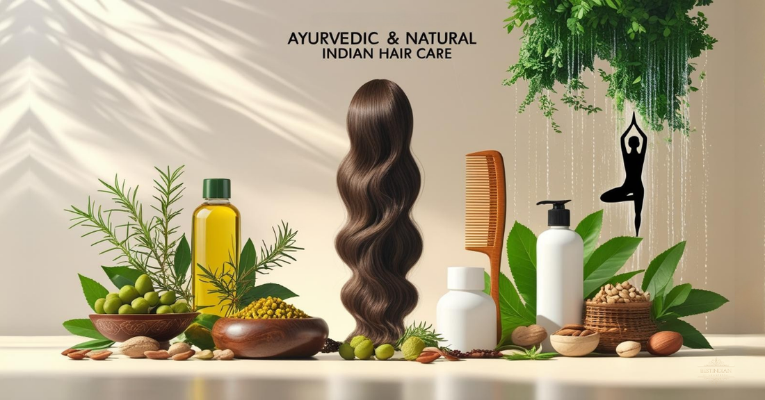Featured image for the ultimate guide to Ayurvedic and natural Indian hair care, showcasing elements of oiling, cleansing, diet, yoga, and seasonal care for holistic wellness.