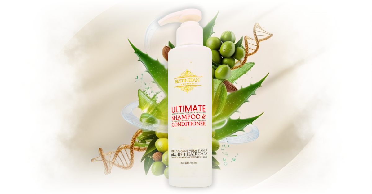 Featured image for 'Best Indian Shampoo Revealed' guide: an elegant white BestIndian™ shampoo bottle surrounded by artistic swirls of Amla, Aloe Vera, Reetha, and subtle scientific elements, on a luxurious pastel background.