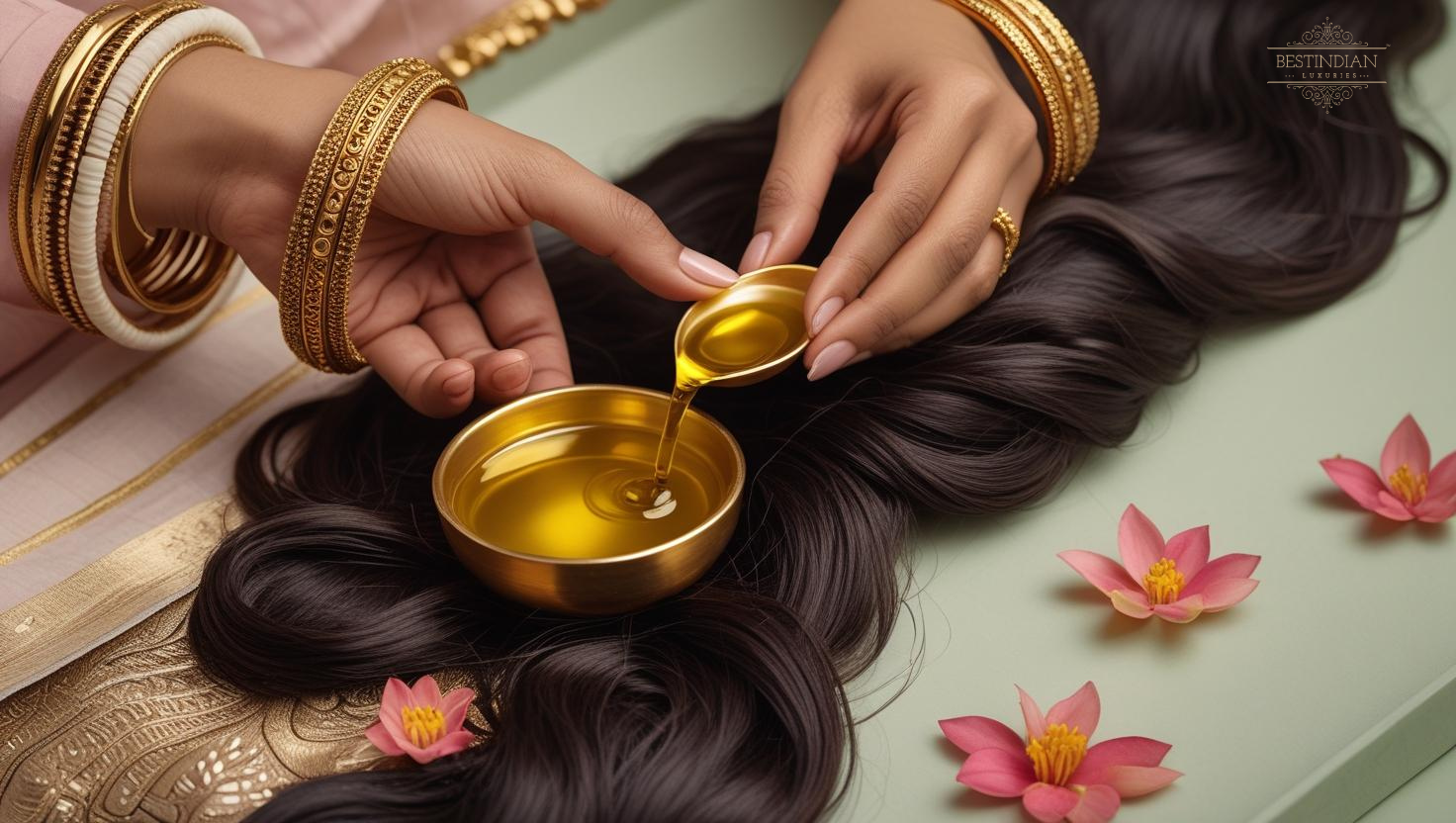 Featured image for a guide on the art of Indian hair oiling, showing gentle hands applying oil to lustrous hair, symbolizing traditional techniques and benefits.