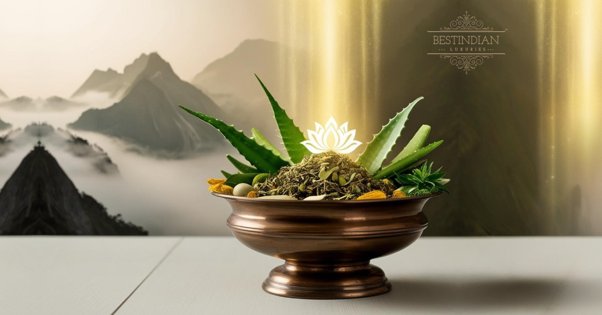 Featured image for 'Ayurvedic Hair Care Unveiled' guide by BestIndian™, showcasing a luxurious bowl of fresh Ayurvedic herbs with misty Himalayan peaks and sacred geometry, symbolizing ancient wisdom and purity.