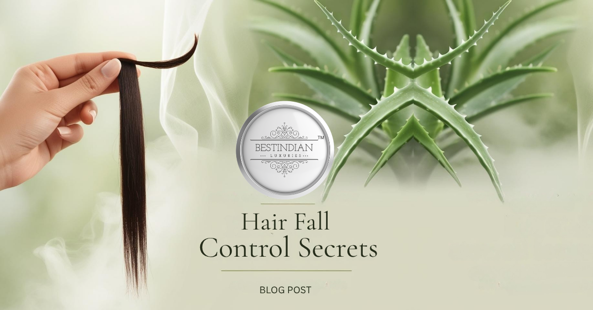 Featured image for 'Hair Fall Control Secrets' guide, showing a healthy hair strand with natural botanicals, symbolizing effective Indian anti-hair fall solutions.