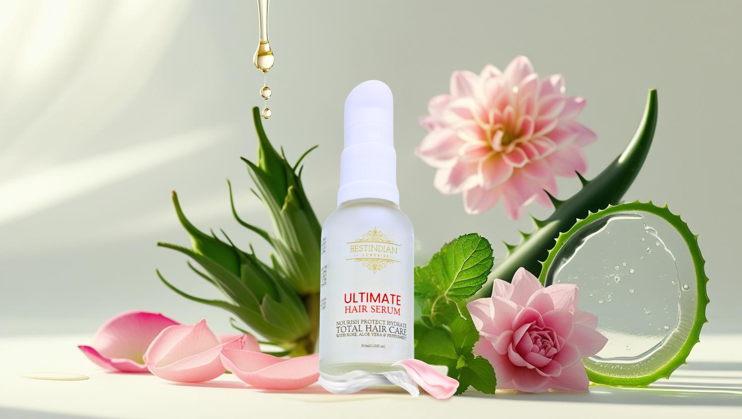 Featured image for a guide to India's best natural hair serums, showcasing a luxurious serum bottle with botanical ingredients like rose, aloe, and peppermint.