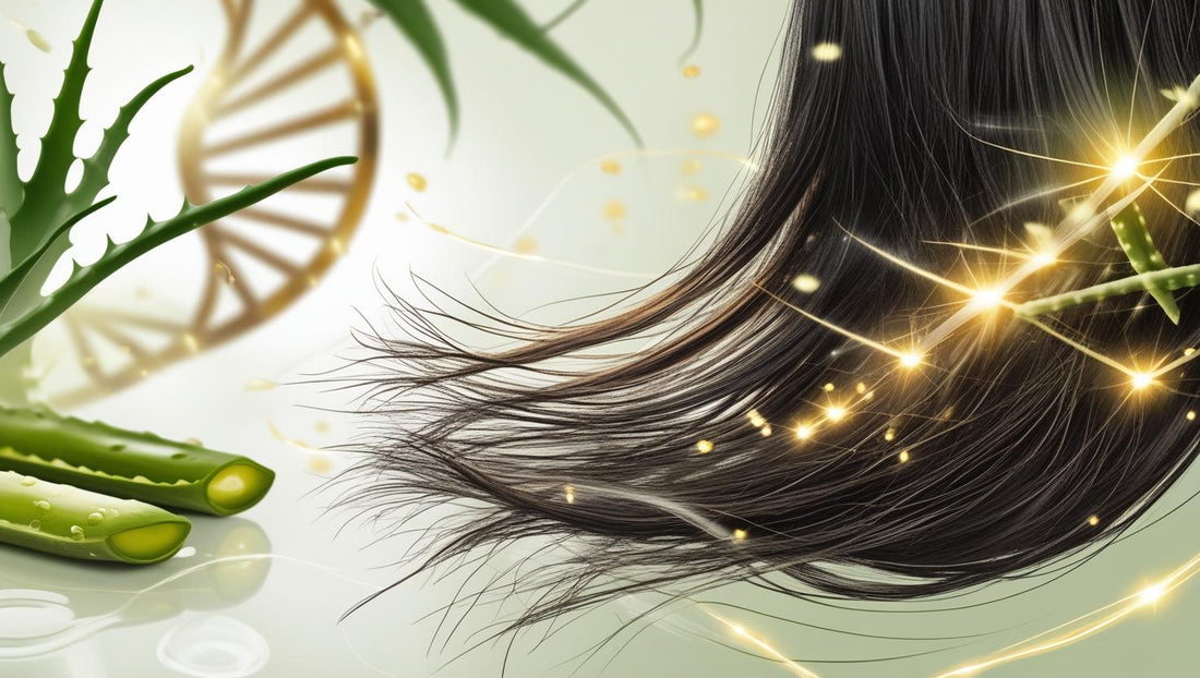 Featured image for a guide on understanding shampoo ingredients in India, showing aloe vera next to hair, symbolizing purity and transparency.