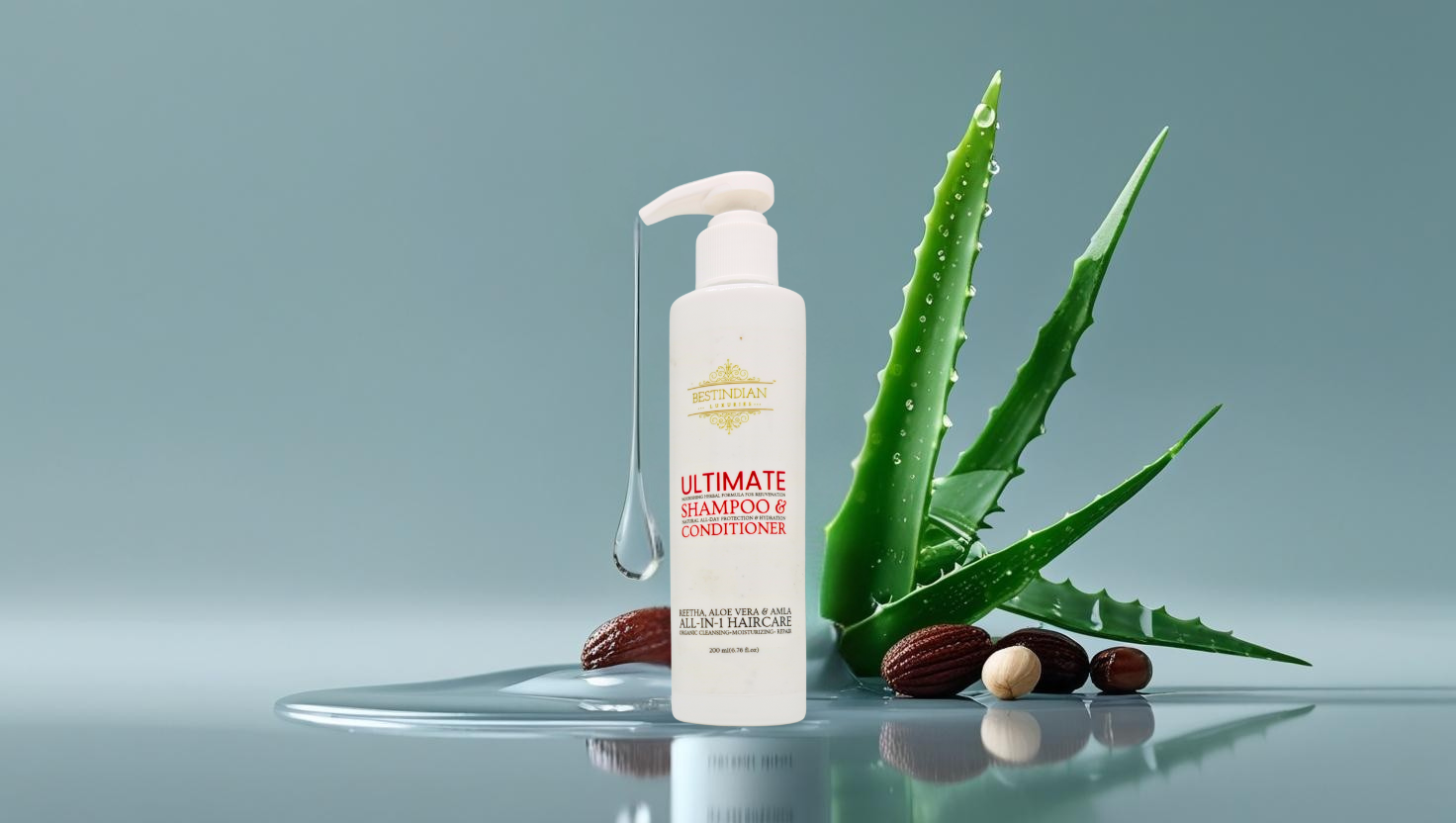 Featured image for guide on India's best 2-in-1 shampoo and conditioners, showing cleansing and conditioning elements of BestIndian Ultimate Conditioning Shampoo.