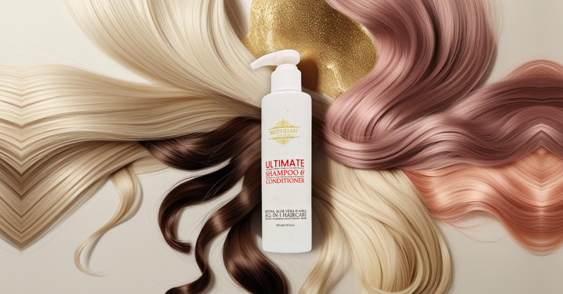 : Featured image for guide on versatile luxury shampoos in India, showcasing diverse healthy hair textures and a premium shampoo bottle.