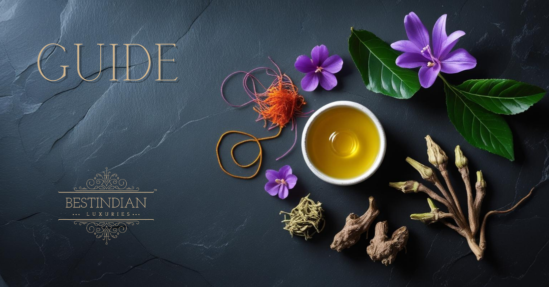 An artistic flat lay of key anti-aging ingredients: a bowl of golden serum, saffron threads, bakuchiol flowers, gotu kola leaves, and ashwagandha roots. saffron, bakuchiol, and gotu kola.
