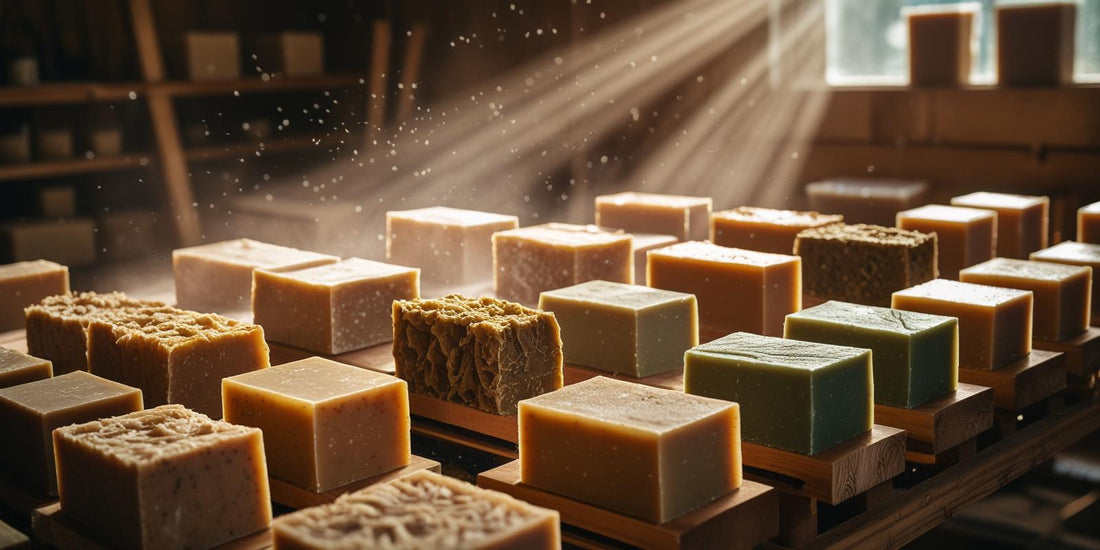  Bars of natural, handmade soap curing on a wooden rack in an artisan's workshop, showing the traditional soapmaking process.