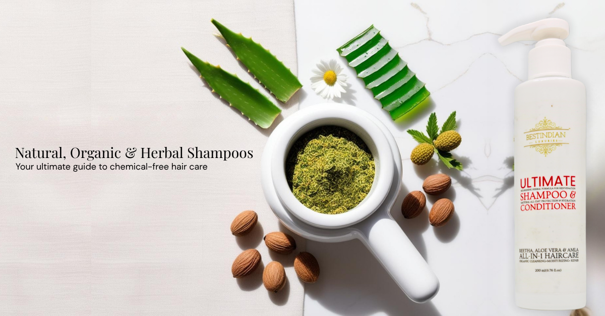 Featured image for guide to natural, organic, and herbal shampoos in India, showcasing fresh Amla, Aloe Vera, and Reetha with a mortar and pestle, symbolizing pure, luxury hair care.