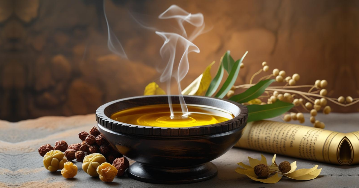Featured image for a guide on the art and science of Indian hair oiling, showing a bowl of herbal oil with Ayurvedic herbs and a scroll, symbolizing timeless tradition and hair health benefits.