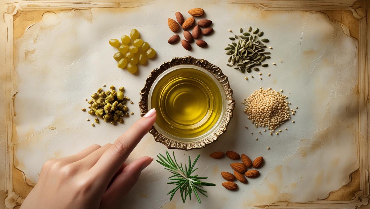 Featured image for a guide on selecting the best Indian hair oil, showing various Ayurvedic herbs and ingredients around a central bowl, symbolizing personalized choice.