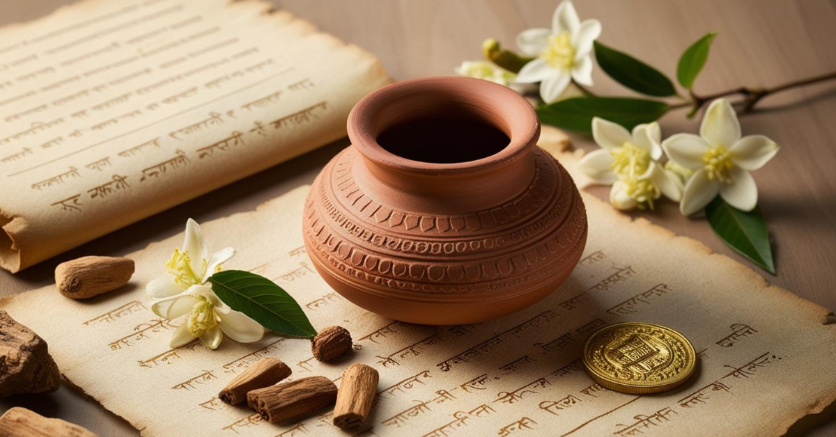 Ancient Indian perfumery heritage: terracotta distillation vessel, sandalwood, jasmine, and antique elements symbolizing the history of Best Indian Attar.