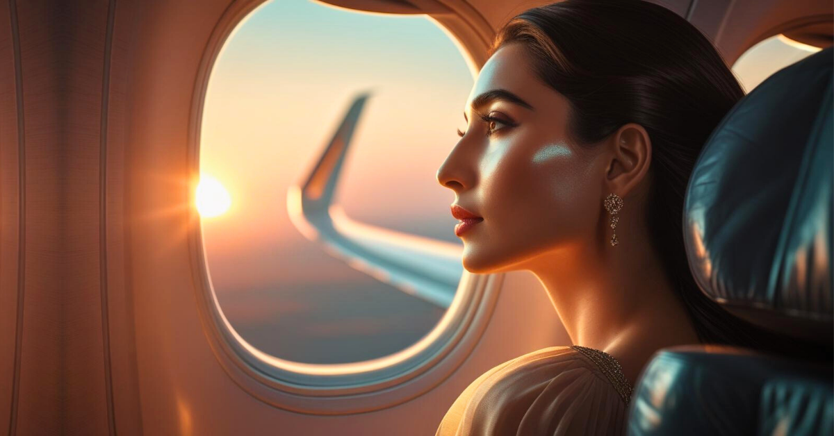 Elegant Indian woman with glowing, hydrated skin looking out an airplane window at a serene sunset, illustrating the perfect in-flight ritual by BestIndian