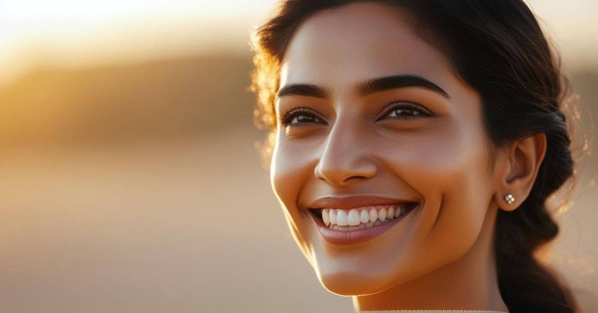 A close-up of a woman with a naturally radiant and glowing complexion, representing the goal of achieving even-toned skin.