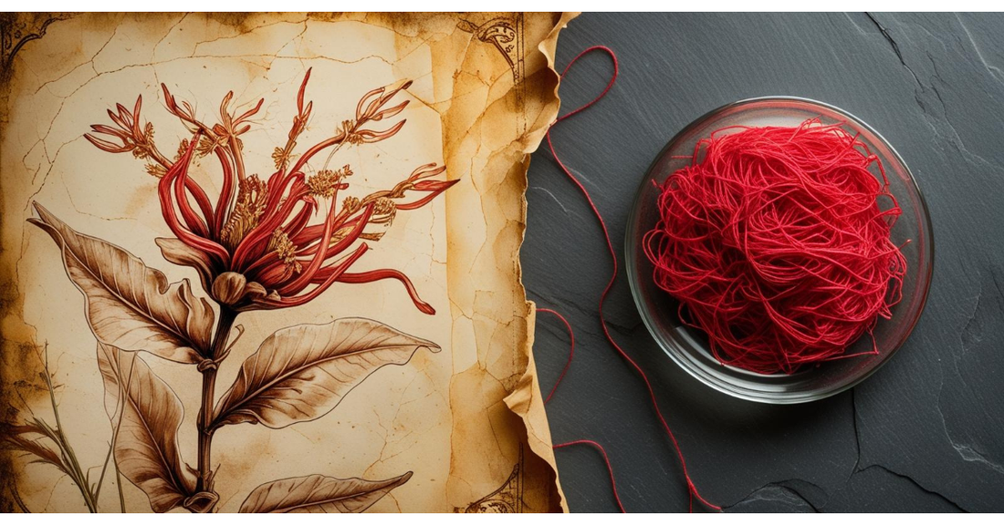 A split image showing an ancient botanical drawing of saffron next to real saffron threads in a modern petri dish, symbolizing the science behind Ayurvedic skincare.