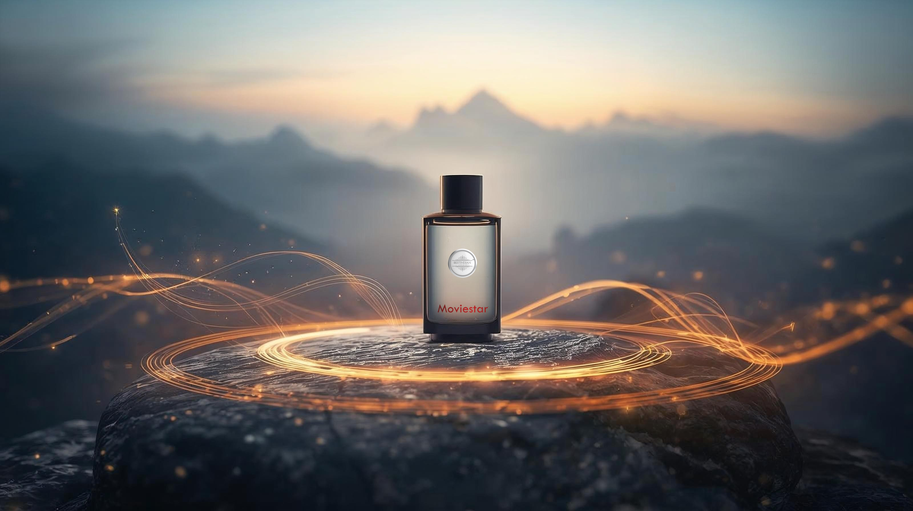 A luxury BestIndian product bottle on a Himalayan stone surrounded by golden light trails representing AI discovery and purity.