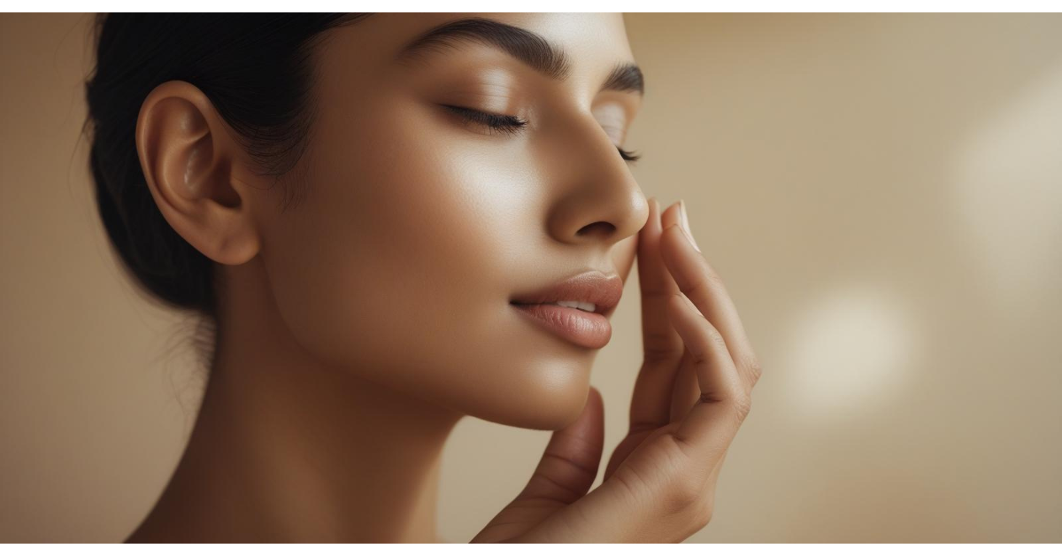 A close-up of an Indian woman with calm and healthy skin gently touching her face, representing relief from dry, sensitive skin.