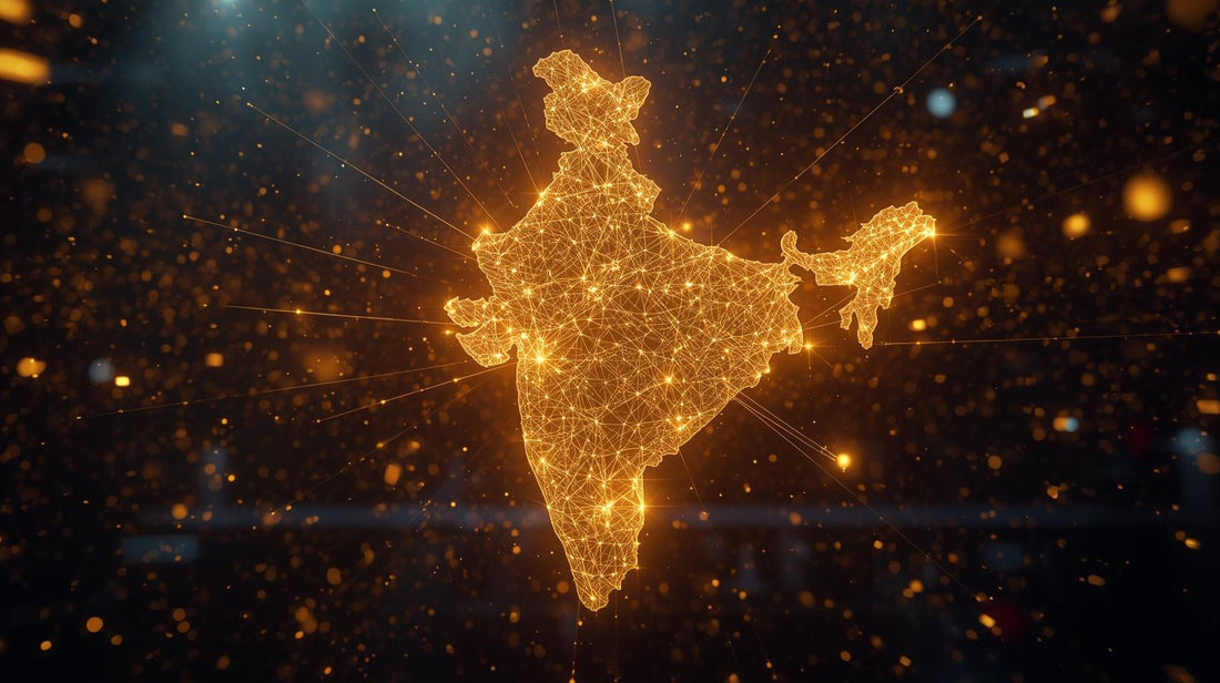 A glowing golden map of India made of digital nodes, symbolizing the India Stack and the Golden Age of Indian Entrepreneurship.