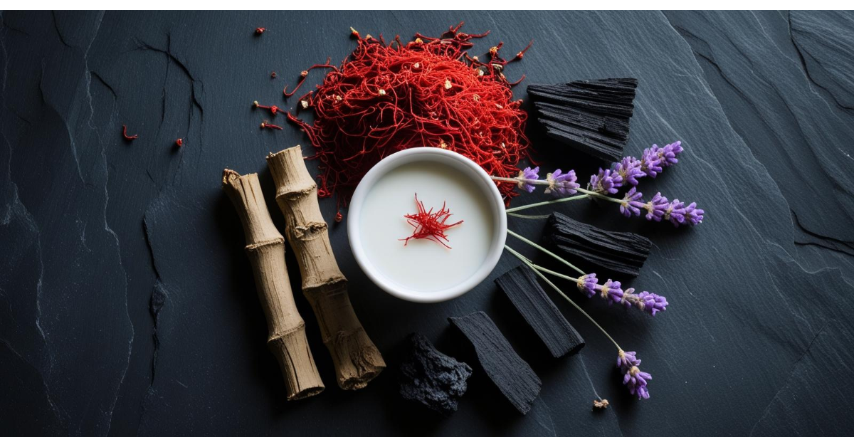 A beautiful flat lay of key natural and Ayurvedic skincare ingredients like goat milk, saffron, charcoal, manjistha, and lavender.