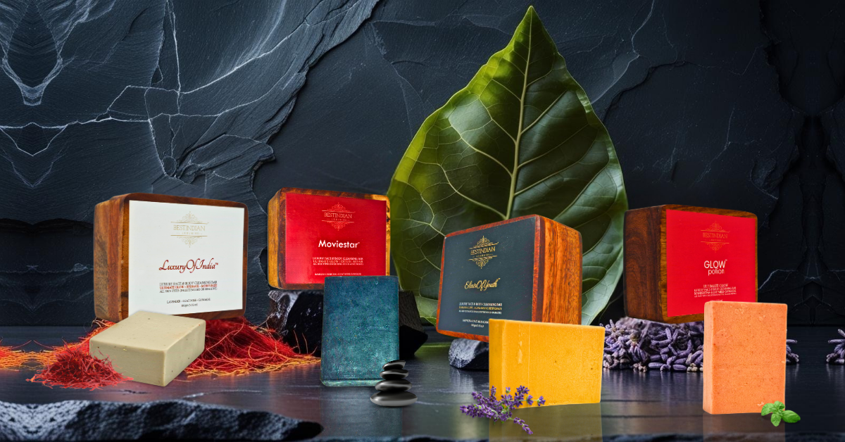 A beautiful arrangement of the four BestIndian soaps, illustrating the definitive guide to choosing the best Indian soap for your skin.