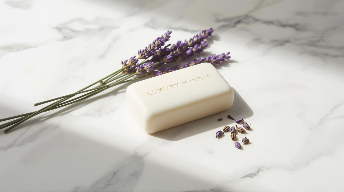 A bar of natural lavender soap next to fresh lavender sprigs, symbolizing its calming and therapeutic benefits for skin and mind.