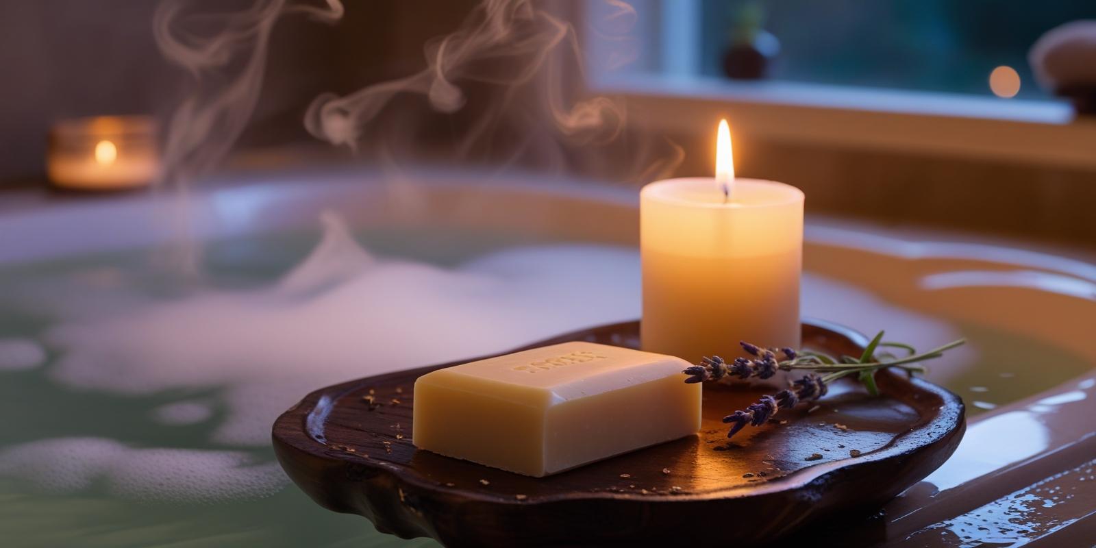 A BestIndian luxury soap bar in a serene, candle-lit bathroom setting, representing the transformation of a daily routine into a cherished ritual.