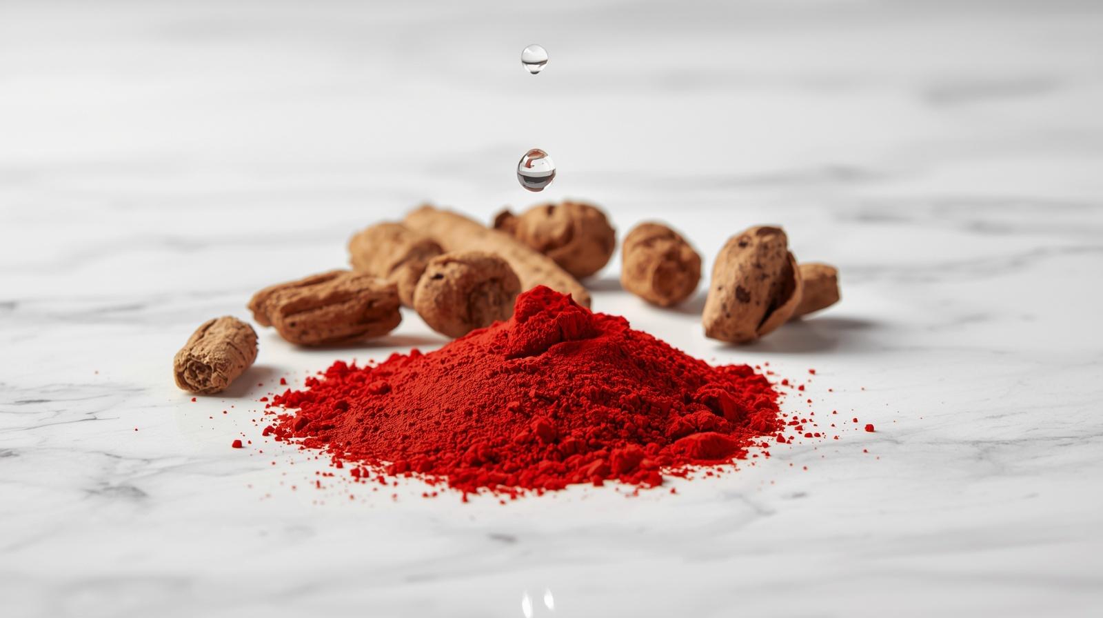 A close-up of Manjistha (Rubia Cordifolia) root and powder, a powerful Ayurvedic herb used for skin brightening and correcting pigmentation.