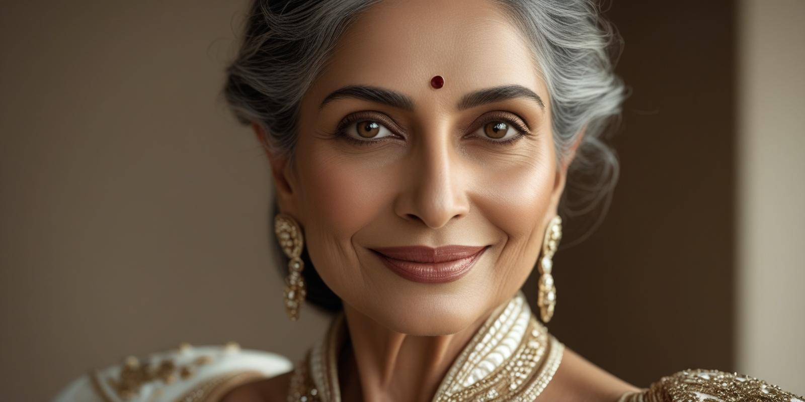 A portrait of a confident and graceful mature woman with healthy, glowing skin, representing a natural approach to anti-aging skincare.