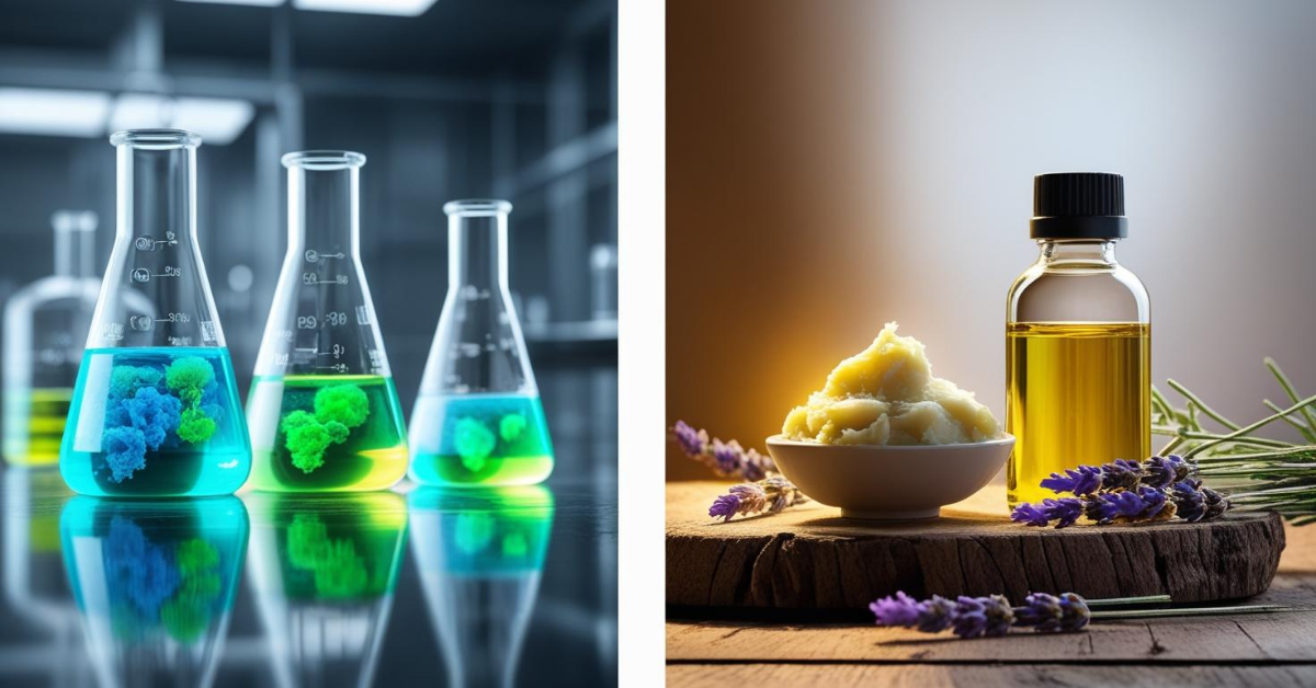 A split image contrasting the harsh chemical ingredients of commercial soaps with the pure, natural, and organic oils and butters found in superior soaps.