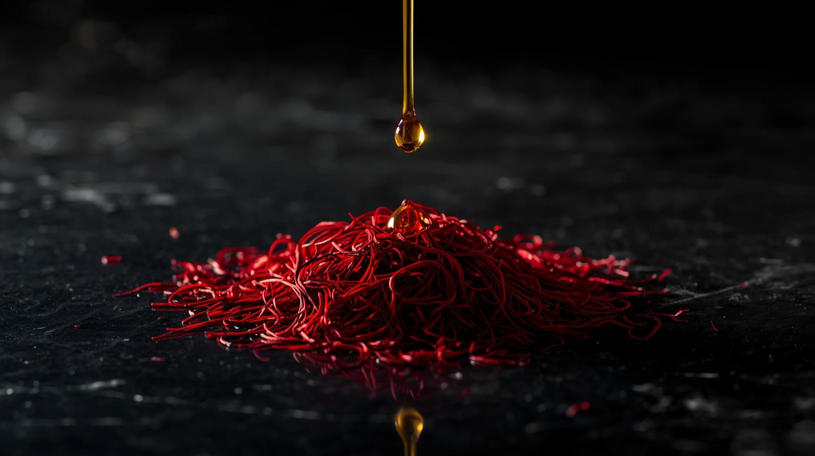 A macro photo showing precious saffron (Kesar) threads and a golden oil droplet, symbolizing saffron's luxurious anti-aging benefits for skin.