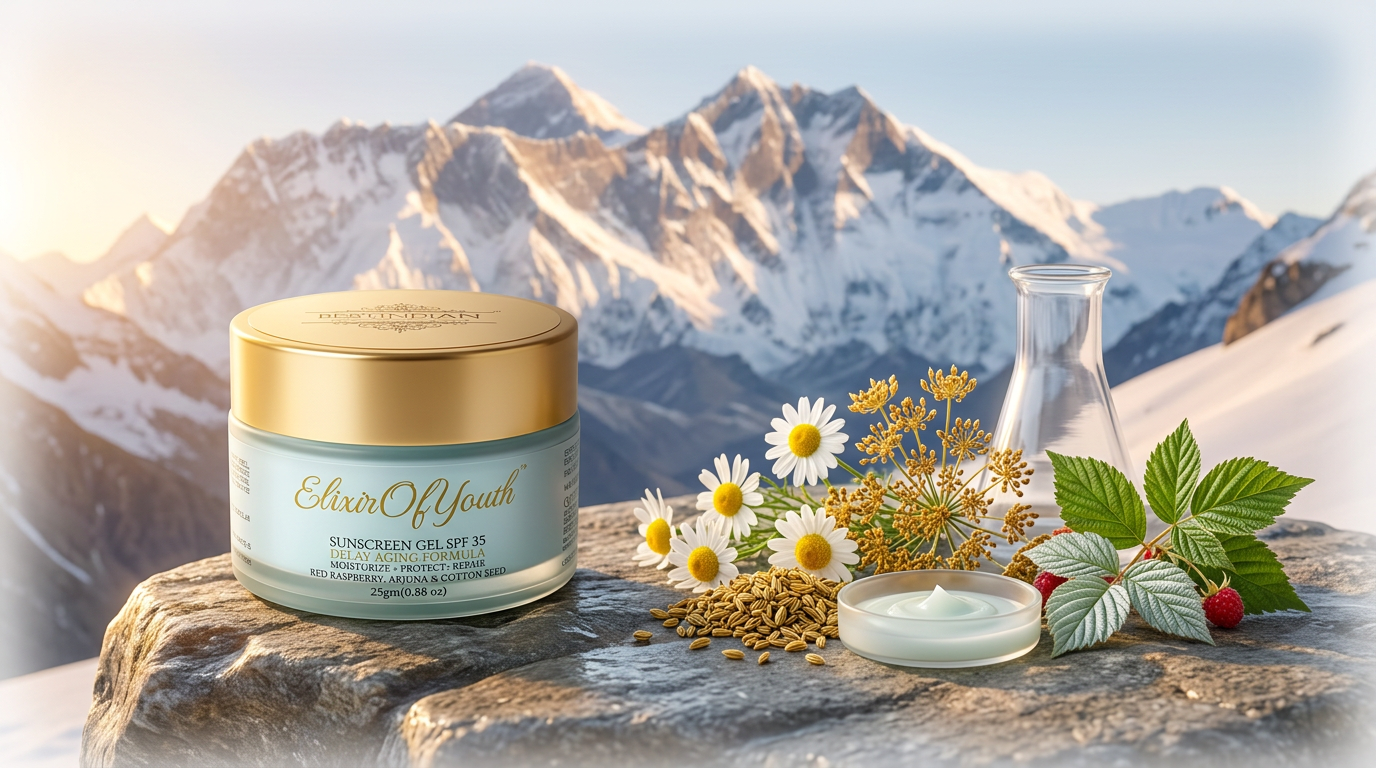 Luxury jar of  Elixir of Youth™ Sunscreen Gel by BestIndian™, surrounded by organic Ayurvedic botanicals against a misty Himalayan backdrop.