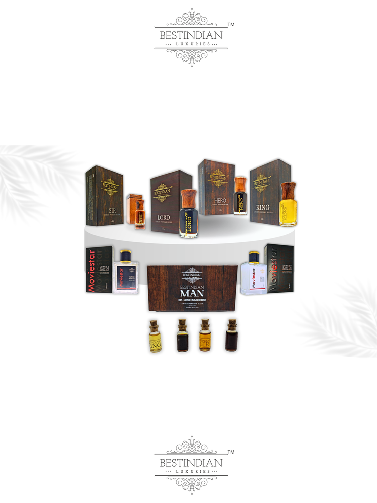Best Unisex Perfumes: Collection of eight BestIndian™ natural and alcohol-free unisex perfumes, artfully arranged on a white background.