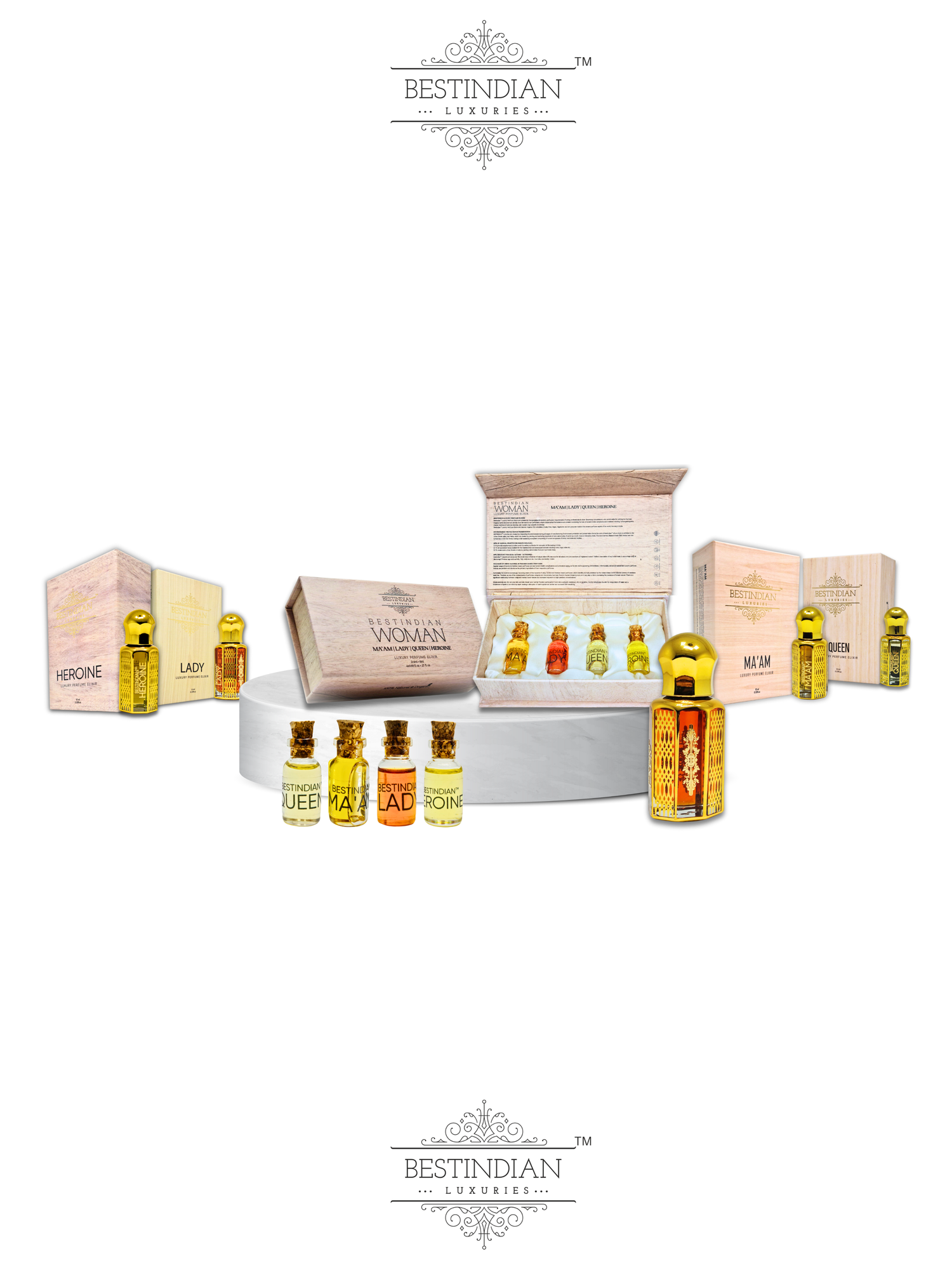 Best Attar for women. Collection of BestIndian™ perfume oil elixirs- 100% natural and alcohol-free. Luxury roll-on scents presented on satin cushions.