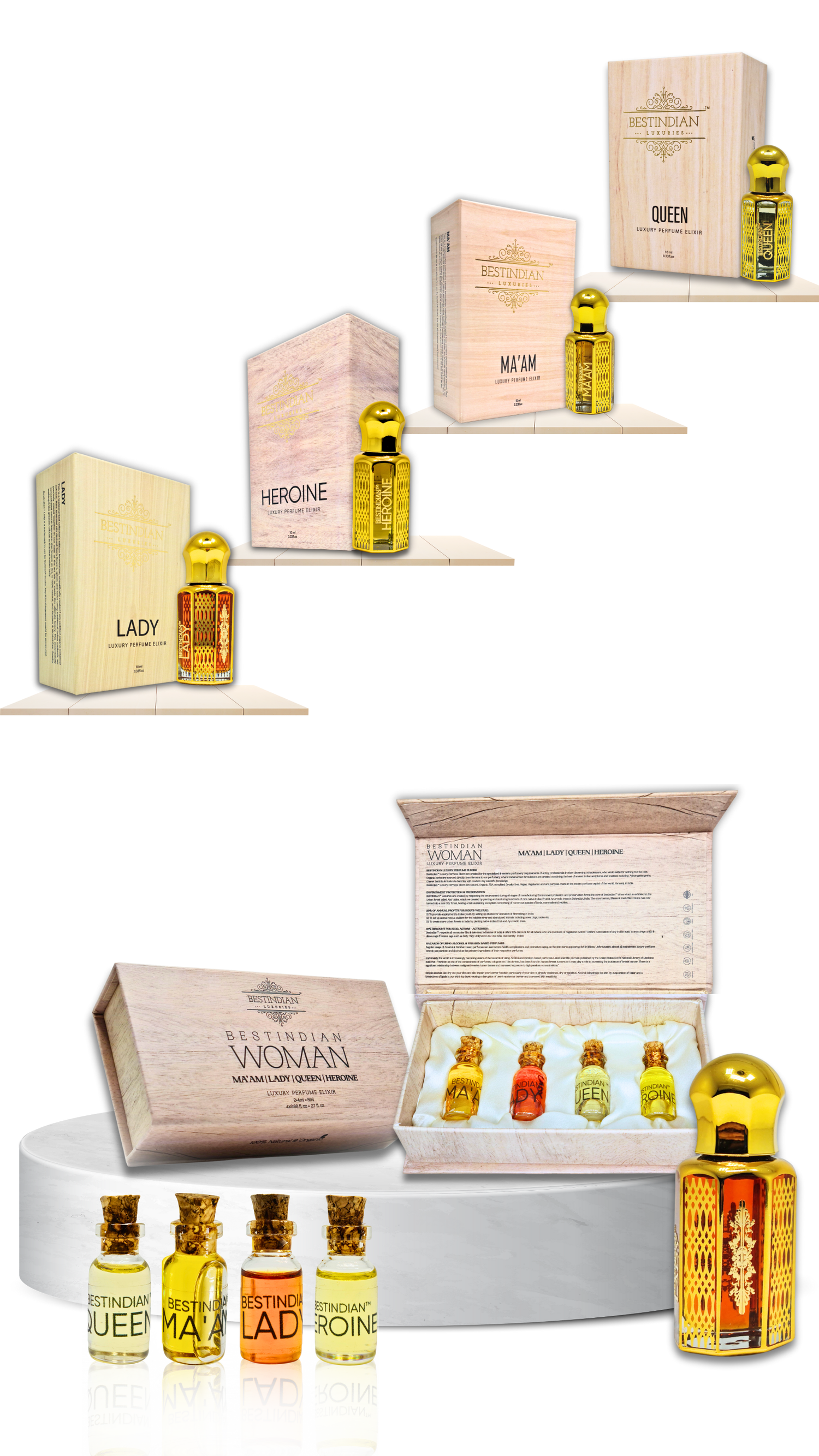 Collection of BestIndian™ perfume oil elixirs for women- 100% natural and alcohol-free. Luxury roll-on scents presented on satin cushions.