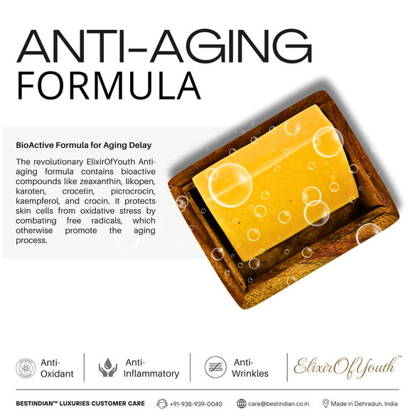 Elixir of Youth soap seen in its wooden casing, with adjacent text explaining the anti-aging and anti-wrinkle formula of this soap.